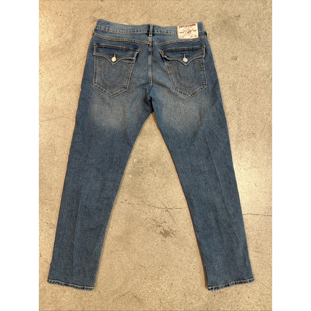 True Religion Jeans Mens Blue Sz 34x32 Geno Relaxed Slim World Tour Flap Pockets - Picture 7 of 8